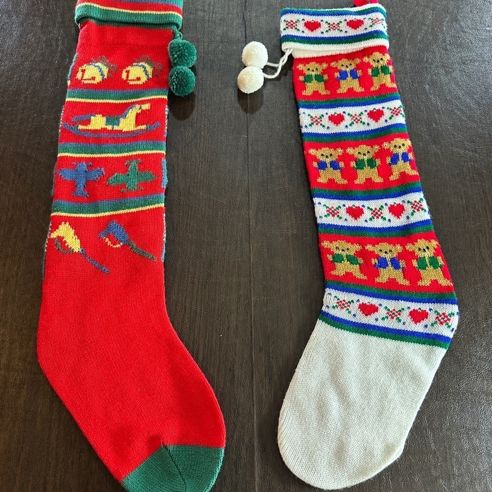 Festive VTG Knit Christmas Stockings - Teddy Bears and Rocking Horses